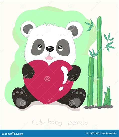 Cute Little Panda Cartoon Hug Red Heart And Bamboo Hand Drawn S Stock