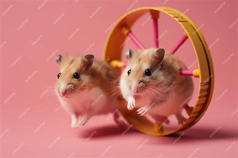 Premium Photo Two Hamsters In A Wheel On A Pink Background
