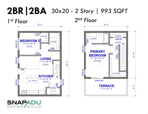 Two Story ADU Floorplan 2 Bedroom Plan Under 1000 Sqft