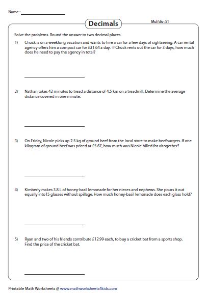 These multiplying decimals worksheets all come with a printable answer page. Decimals: Multiplication and Division Word Problems ...