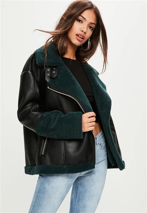 Black Colour Block Shearling Aviator Jacket Missguided Faux Suede