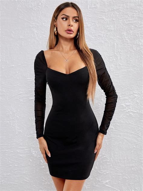 shein ruched mesh sleeve solid bodycon dress tight black dress black long sleeve dress