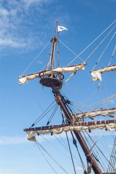 Ship Mast And Rigging On An Old Galleon Navy Vessel Editorial Stock