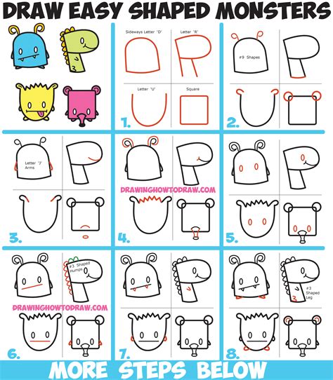 How To Draw Cute Cartoon Monsters From Simple Shapes Letters And Numbers For Kids How To Draw