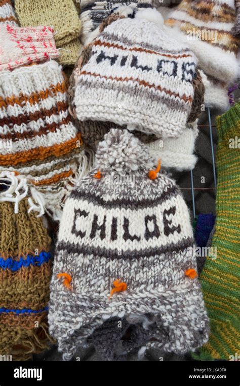 Chile Chiloe Island Dalcahue Craft Fair Souvenir Wool Hats Stock