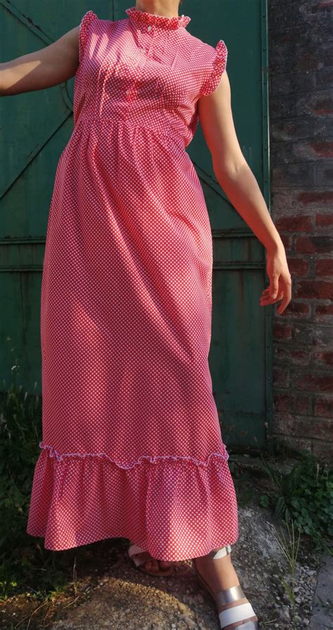 S Vintage Prairie Dress S Maxi Polkadot Etsy