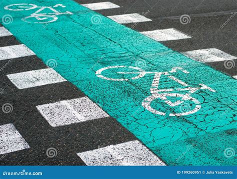Green Bicycle Lane Markings Across The Road Stock Image Image Of