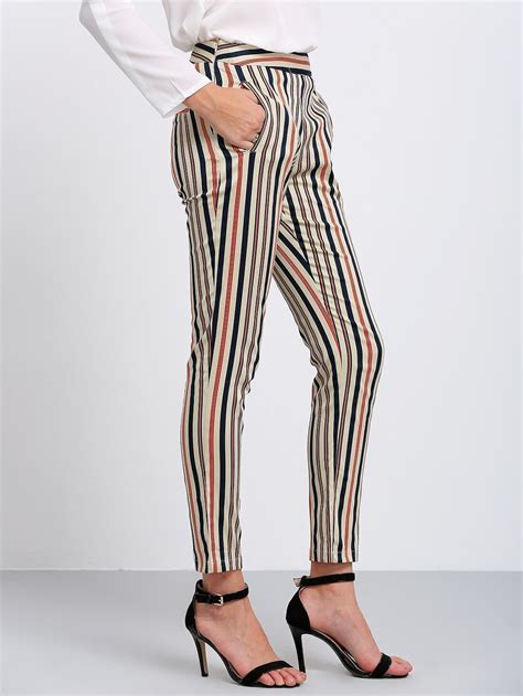 Multicolor Vertical Stripe Pockets Skinny Pants Sheinsheinside