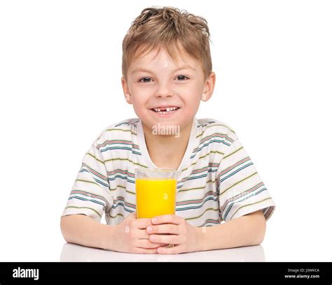 Little Boy Drinking Orange Juice Stock Photo Alamy