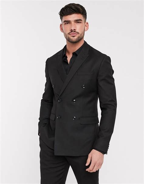Topman Double Breasted Slim Suit Jacket In Black Asos