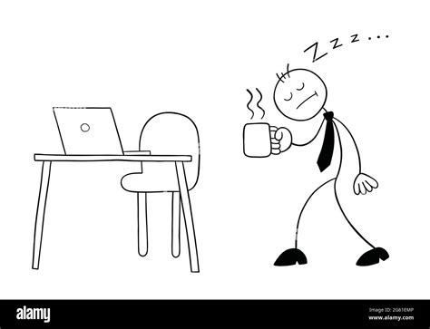 Stickman Businessman Character Very Sleepy Walking To His Desk With