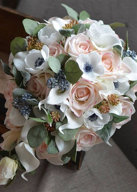 blush roses bouquets real touch roses calla lilies white anemones navy