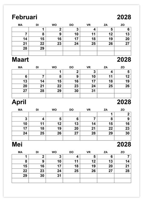 Kalender Februari Maart April Mei 2028