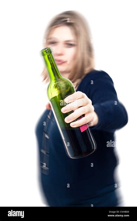 Drunk Woman With Bottle Of Wine With Motion Blur Effect And Isolated Over White Background