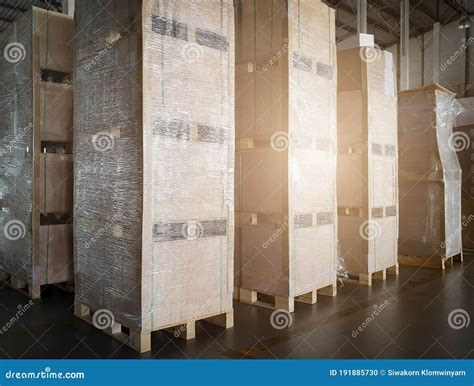 Stack Of Shipments Boxes On Pallet Waiting For Load Into A Truck Road Freight Cargo Industry