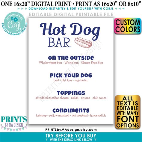 Editable Hot Dog Sign Custom Hot Dog Bar Menu Build Yourself A