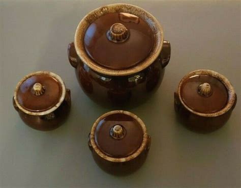 Hull Pottery Brown Drip Bean Pot Wlid And 3 Bowls Wlids Oven Proof