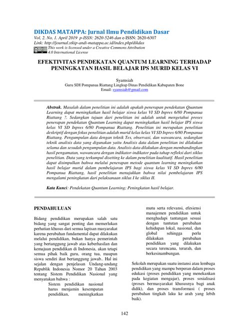Pdf Efektivitas Pendekatan Quantum Learning Terhadap Peningkatan