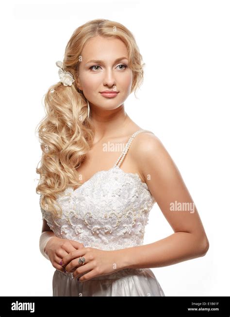 Beautiful Woman With Long Hair Wearing Luxurious Wedding Dress Stock