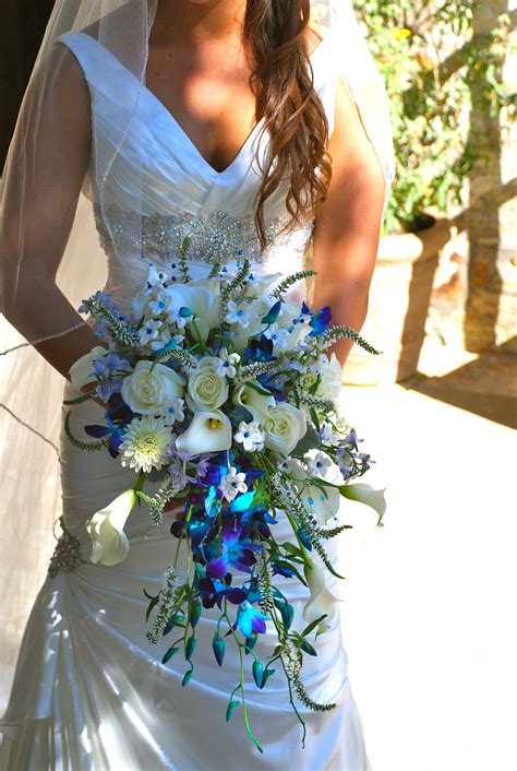 Order a magnificent floral arrangement of blue hydrangeas or iris flowers mixed with asiatic lilies. Cascading bouquet with blue orchids, calla lilies, roses ...