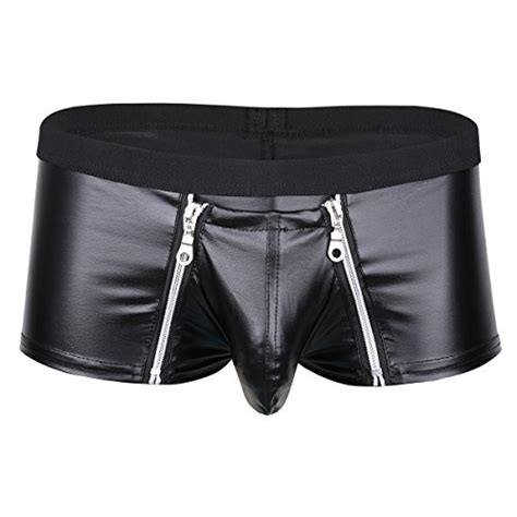 Buy Yizyif Mens Wetlook Leather Underwear Double Zipper Pouch Trunks
