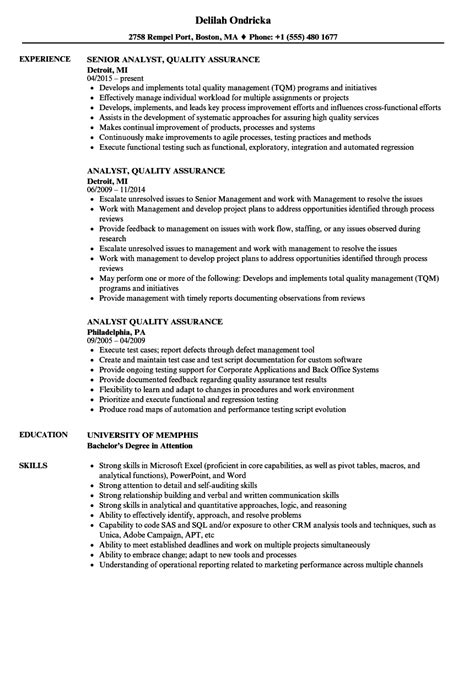 Representative quality management system resume experience can include: Analyst, Quality Assurance Resume Samples | Velvet Jobs