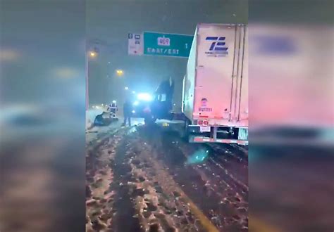 Transport Truck Crashes Into Concrete Wall And Jack Knifes Near Pearson