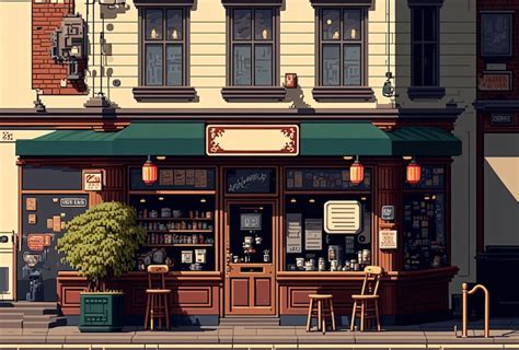 Premium Ai Image Pixel Art Coffee Shop In Park With Trees Facade Of