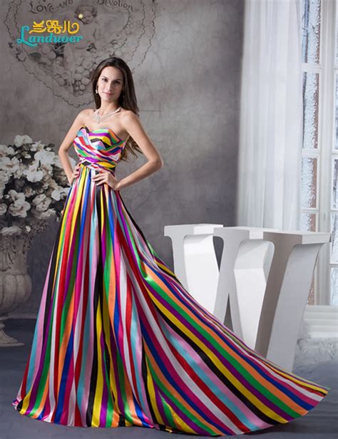 Long Prom Dresses 2016 Elegant Sweetheart Rainbow Printed Colorful Lace