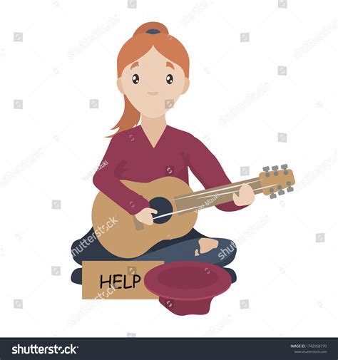 Tramp Poor Homeless Girl With Guitar Royalty Free Stock Vector