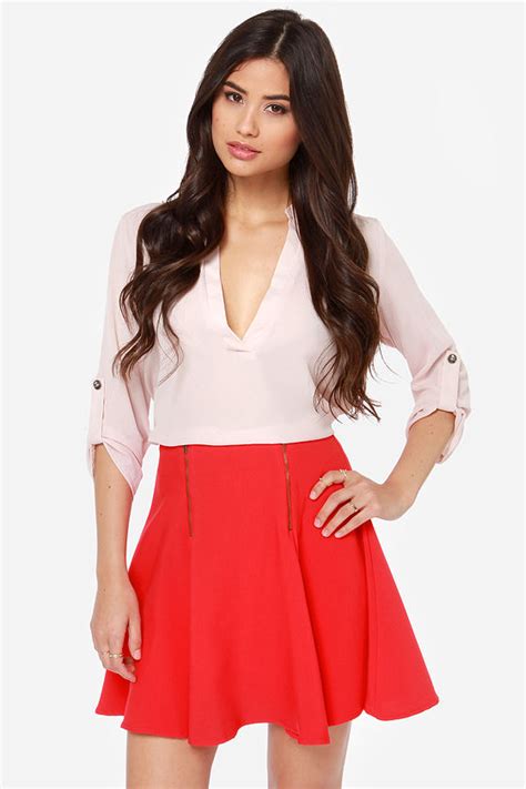 cute red skirt high waisted skirt skater skirt 37 00