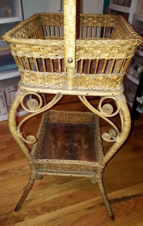 Antique Victorian Natural Wicker Sewing Basket Stand Wicker Sewing