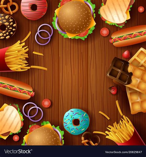Vector Illustration Of Background Frame With Fast Food And Dessert