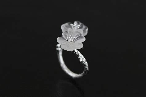 Double White Flower Ring Pure Crystal Flower Charm Branch Etsy