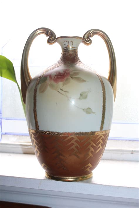 Large Antique Nippon Double Handled Vase Pink Flowers And Gilt Trim