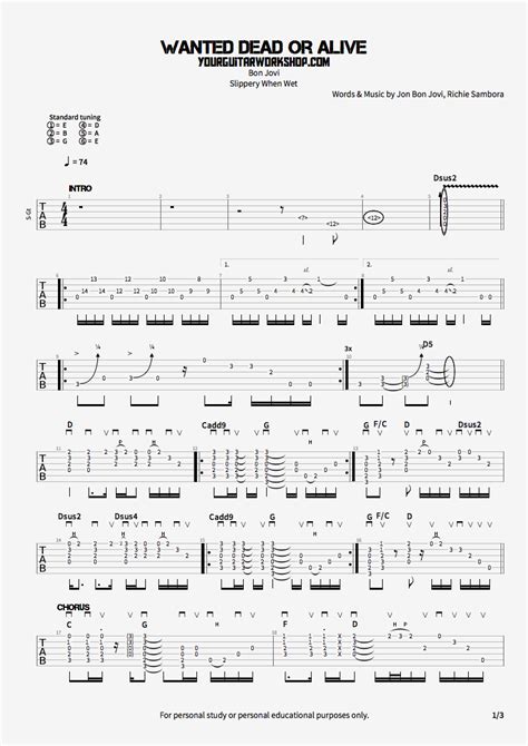 Free Guitar Tablature For The Song Wanted Dead Or Alive From The Album