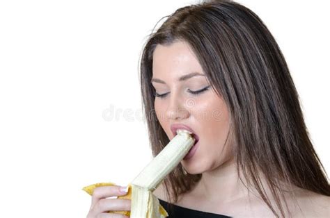 Cute Brunette Lady Eating A Peeled Banana Stock Photo Image Of Fresh Face