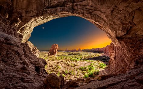 Nature Landscape Utah Sunrise Moon Arches National Park Rock