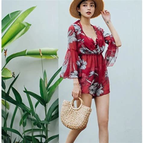 2018 Sexy Red Floral Print Women Three Piece Bikini Sets Cover Up Swimwear Women Push Up High