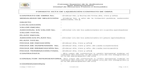 Formato Acta De Liquidacion Contrato De Obra Doc Document