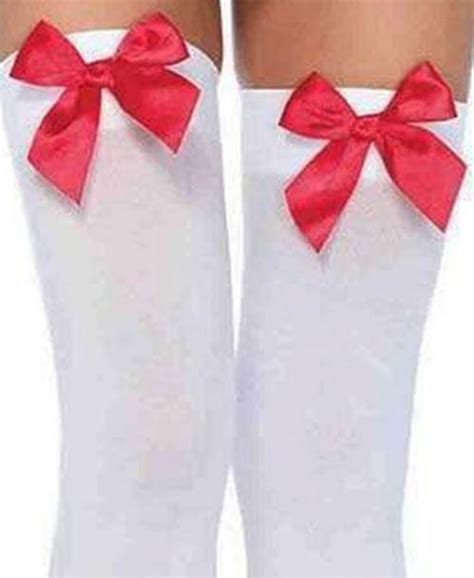 leg avenue opaque thigh highs with satin bow accent stockings white red Еротично Облекло