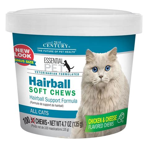 This is a formula that is designed to not only help your pet digest hairballs, but to also keep their weight at a manageable level. 21st Century, Essential Pet, Hairball Soft Cat Chews size ...