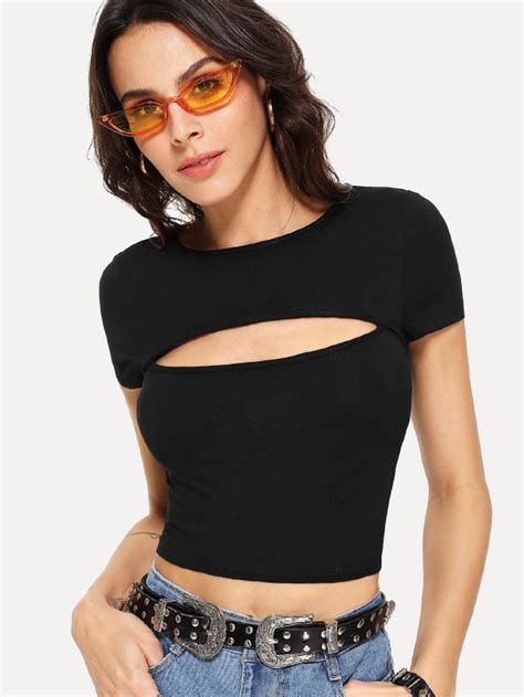 Shein Ezwear Cut Out Front Solid Crop Tee Shein