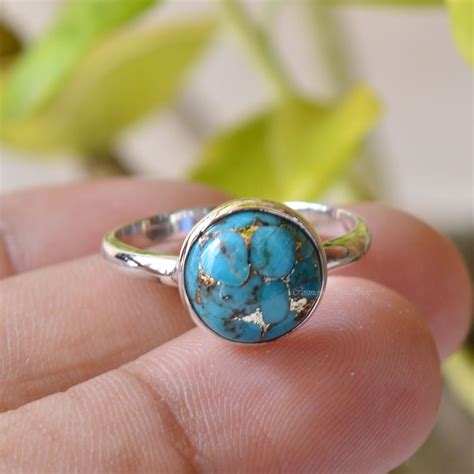 Blue Copper Turquoise Ring Blue Copper Mm Round Gemstone Etsy