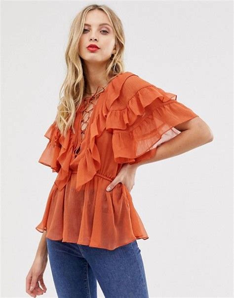 ASOS DESIGN Ruffle Sleeve Top With Lace Up Detail ASOS Ruffle Top