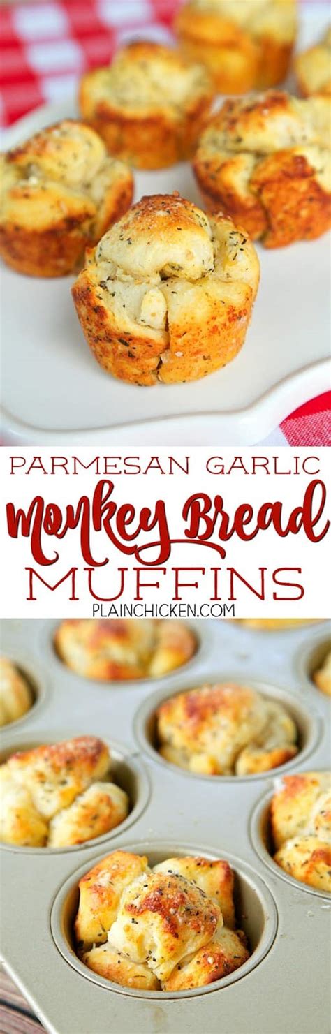 Cut each biscuit into 4 pieces. Parmesan Garlic Monkey Bread Muffins - Plain Chicken