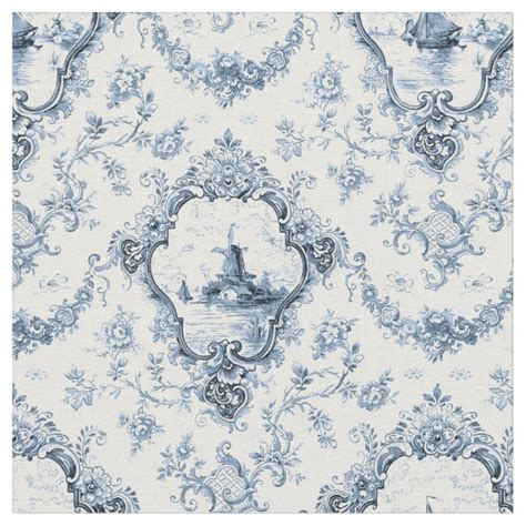 Elegant Engraved Blue And White Floral Toile Fabric