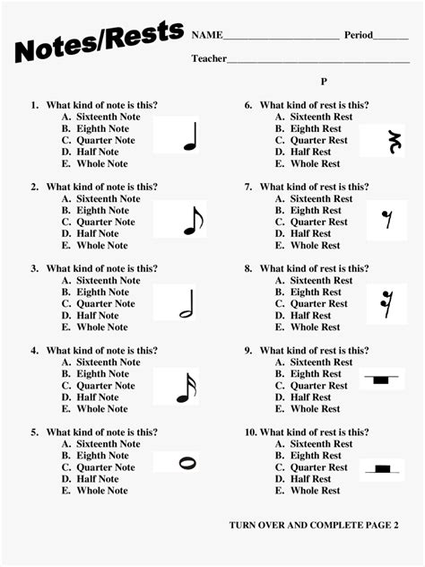 Music Notes And Rests Worksheets