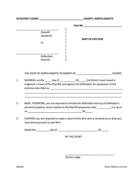 North Dakota Writ Of Eviction Form Fill Out And Sign Printable Pdf