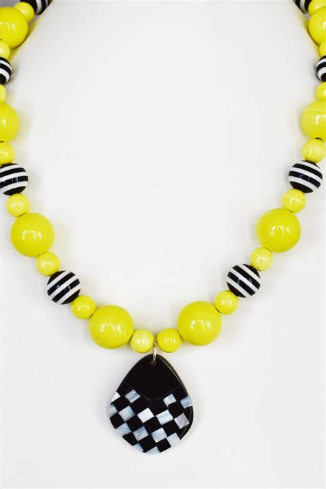 Beaded Necklace Yellow And Black Beaded Necklace Neon Yellow Etsy